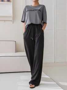 DAZY Letter Graphic Drop Shoulder Drawstring Waist PJ Set - Multicolor - View 3