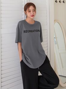 DAZY Letter Graphic Drop Shoulder Drawstring Waist PJ Set - Multicolor - View 4