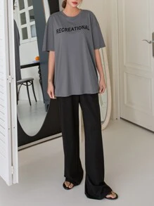 DAZY Letter Graphic Drop Shoulder Drawstring Waist PJ Set - Multicolor - View 5
