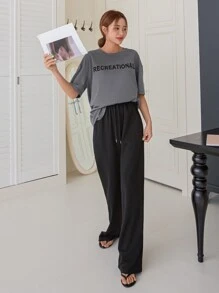 DAZY Letter Graphic Drop Shoulder Drawstring Waist PJ Set - Multicolor - View 6