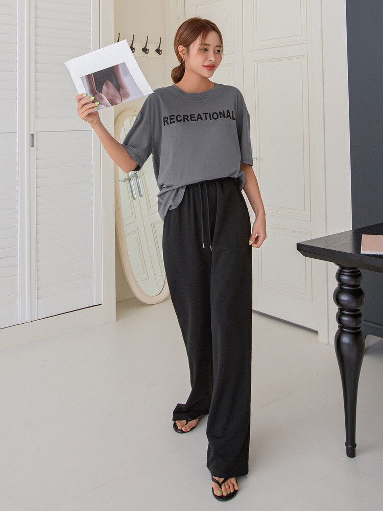 DAZY Letter Graphic Drop Shoulder Drawstring Waist PJ Set - Multicolor - View 6