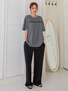 DAZY Letter Graphic Drop Shoulder Drawstring Waist PJ Set - Multicolor - View 8