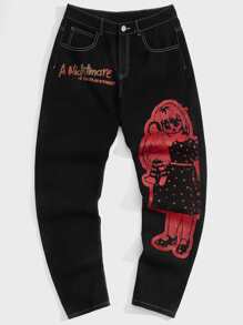 ROMWE MEN WB Horror | ROMWE Hombres Jeans con estampado de figura - Negro - Ver 6