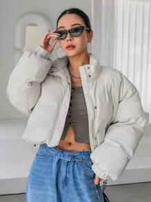 女士纯色拉链短款长袖休闲冬季外套 - 米色 - 查看 1