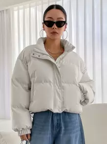 女士纯色拉链短款长袖休闲冬季外套 - 米色 - 查看 3