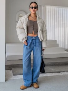 女士纯色拉链短款长袖休闲冬季外套 - 米色 - 查看 4