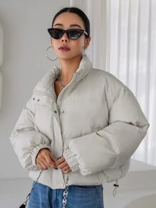 女士纯色拉链短款长袖休闲冬季外套 - 米色 - 查看 5