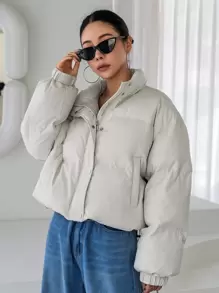 女士纯色拉链短款长袖休闲冬季外套 - 米色 - 查看 10