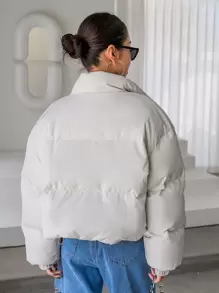 女士纯色拉链短款长袖休闲冬季外套 - 米色 - 查看 11