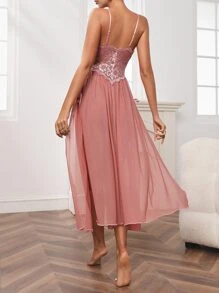 打結細節高衩蕾絲吊帶連衣裙 - 藕粉色 - 查看 2