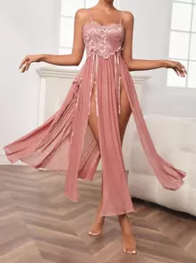 打結細節高衩蕾絲吊帶連衣裙 - 藕粉色 - 查看 5