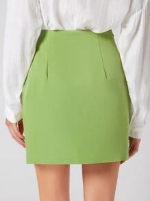 SHEIN Unity 前紐扣素色半身裙 - 青檸色 - 查看 2