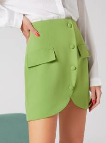 SHEIN Unity 前紐扣素色半身裙 - 青檸色 - 查看 3