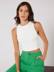 BizChic Solid Rib-knit Crop Tank Top Workwear - White - View 1