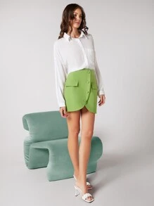 SHEIN Unity 前紐扣素色半身裙 - 青檸色 - 查看 5