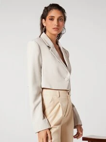 BizChic 女士短款夹克，单排扣短款西装外套，适合城市通勤和正式场合的商务休闲外套，秋冬 - 米色 - 查看 4