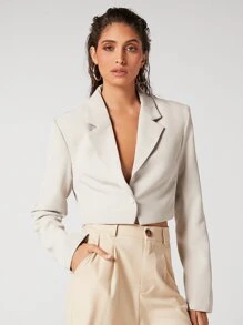 BizChic 女士短款夹克，单排扣短款西装外套，适合城市通勤和正式场合的商务休闲外套，秋冬 - 米色 - 查看 7