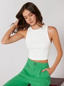 BizChic Solid Rib-knit Crop Tank Top Workwear - White - View 4