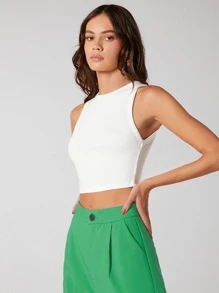 BizChic Solid Rib-knit Crop Tank Top Workwear - White - View 6