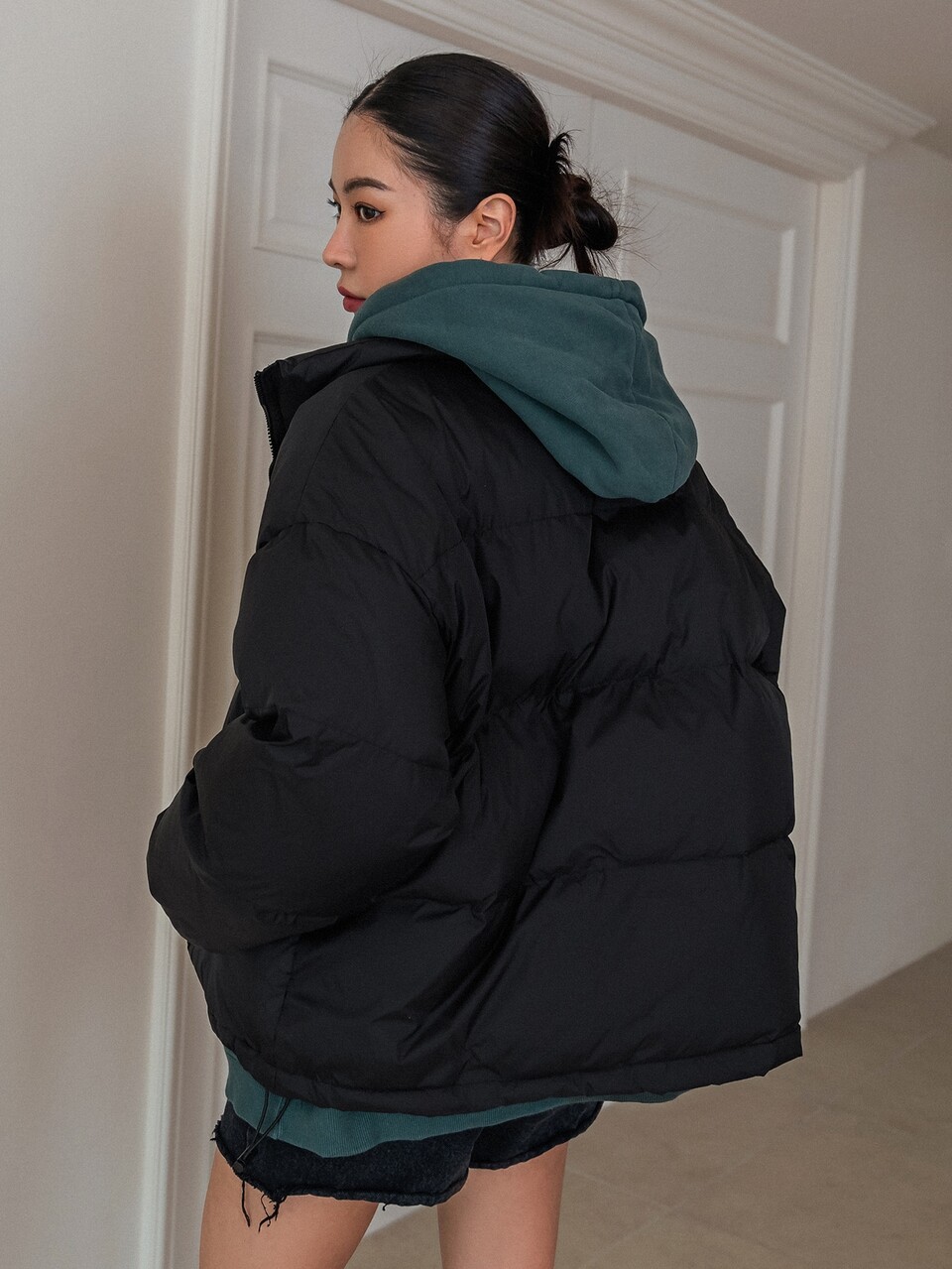 Letter Patched Drop Shoulder Drawstring Hem Puffer Thick Pockets Coat ,Winter Women Clothes,Winter Coat Women