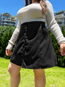 SHEIN EZwear 大碼高腰單排釦燈芯絨半身裙