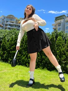 SHEIN EZwear 大碼高腰單排釦燈芯絨半身裙