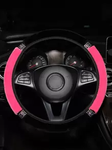 MEIKAXIU 1 pieza Cubierta del volante del coche con diseño de diamante de imitación felpa - Rosa Fucsia - Ver 3