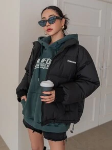 DAZY 字母贴片落肩抽绳下摆羽绒厚口袋外套，冬季女装，冬季女装 - 黑色 - 查看 4