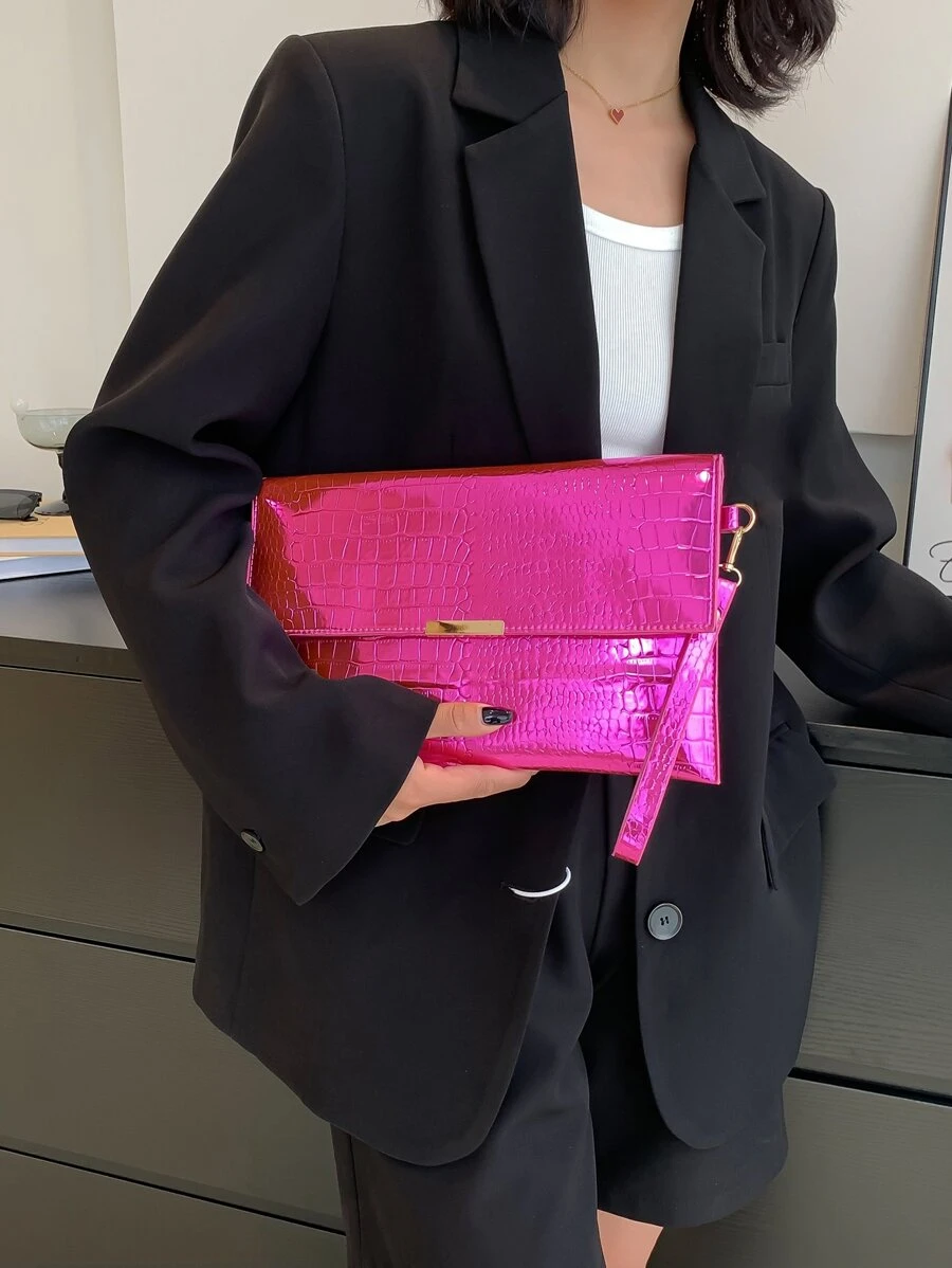 螢光紅鱷魚壓紋金屬裝飾翻蓋方包 - 玫紅色 - 查看 1