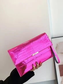 螢光紅鱷魚壓紋金屬裝飾翻蓋方包 - 玫紅色 - 查看 2