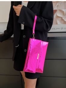 螢光紅鱷魚壓紋金屬裝飾翻蓋方包 - 玫紅色 - 查看 4