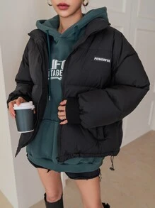 DAZY 字母贴片落肩抽绳下摆羽绒厚口袋外套，冬季女装，冬季女装 - 黑色 - 查看 7