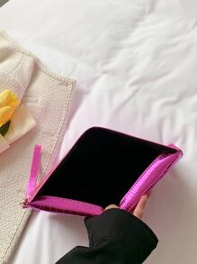 螢光紅鱷魚壓紋金屬裝飾翻蓋方包 - 玫紅色 - 查看 5