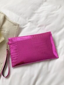 螢光紅鱷魚壓紋金屬裝飾翻蓋方包 - 玫紅色 - 查看 6