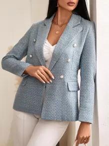 Aveloria 格子印花双排扣西装工作服 - 淺藍色 - 查看 4