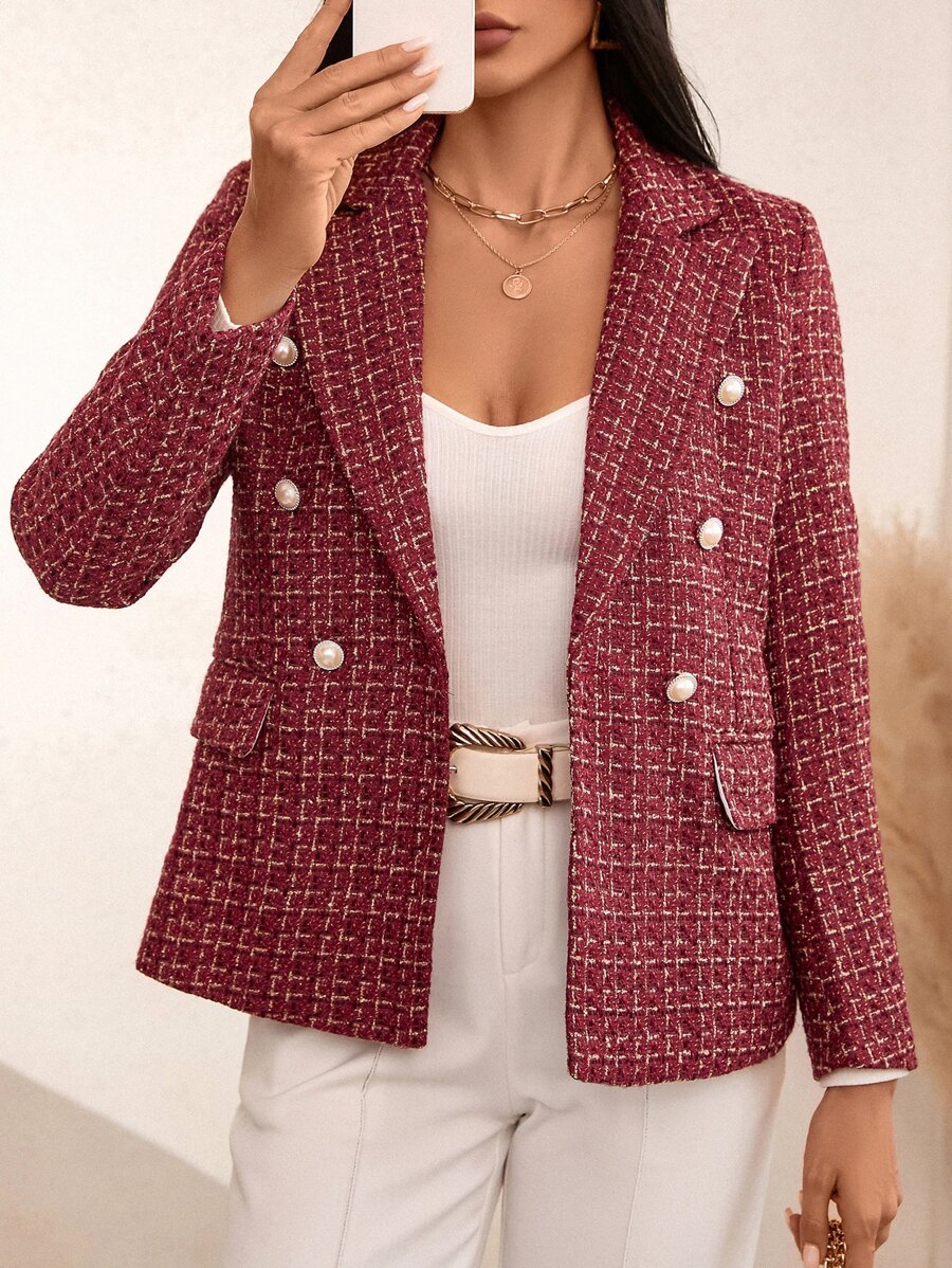 Plaid Print Double Breasted Blazer - Burgundy - View 1