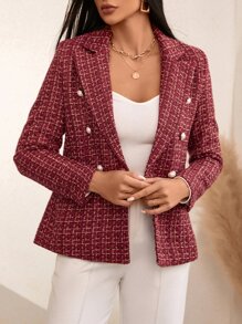 Plaid Print Double Breasted Blazer - Burgundy - View 3