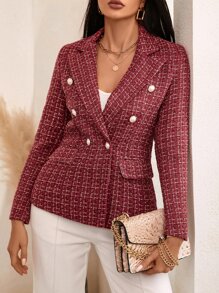 Plaid Print Double Breasted Blazer - Burgundy - View 5