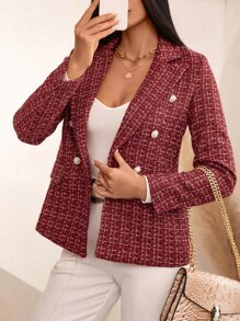 Plaid Print Double Breasted Blazer - Burgundy - View 6