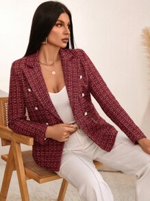 Plaid Print Double Breasted Blazer - Burgundy - View 7