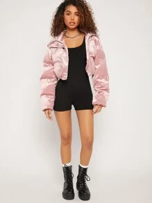 SHEIN BAE Zipper Front Velour Padded Coat In Fall/Winter - Dusty Pink - View 5