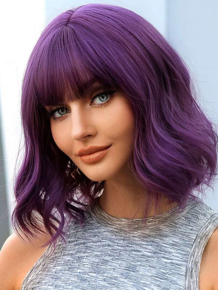 紫色短波波頭假髮適合女士短卷人造假髮帶劉海黑暗紫色角色扮演假髮