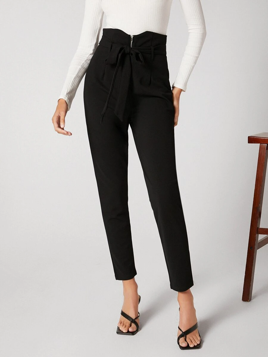 BizChic Notched Waistband Zip Up Self Belted Pants