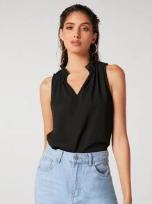 BizChic Notched Neck Frill Trim Top Workwear - Black - View 5