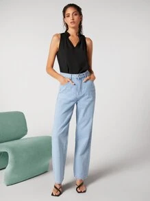 BizChic Notched Neck Frill Trim Top Workwear - Black - View 4