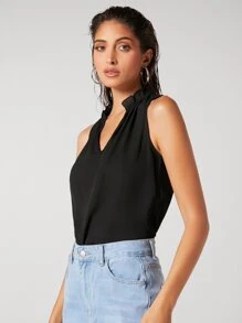 BizChic Notched Neck Frill Trim Top Workwear - Black - View 6