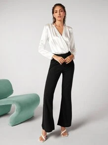BizChic Satin Long Sleeve Bodysuit Workwear - White - View 3