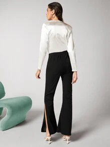 BizChic Satin Long Sleeve Bodysuit Workwear - White - View 2