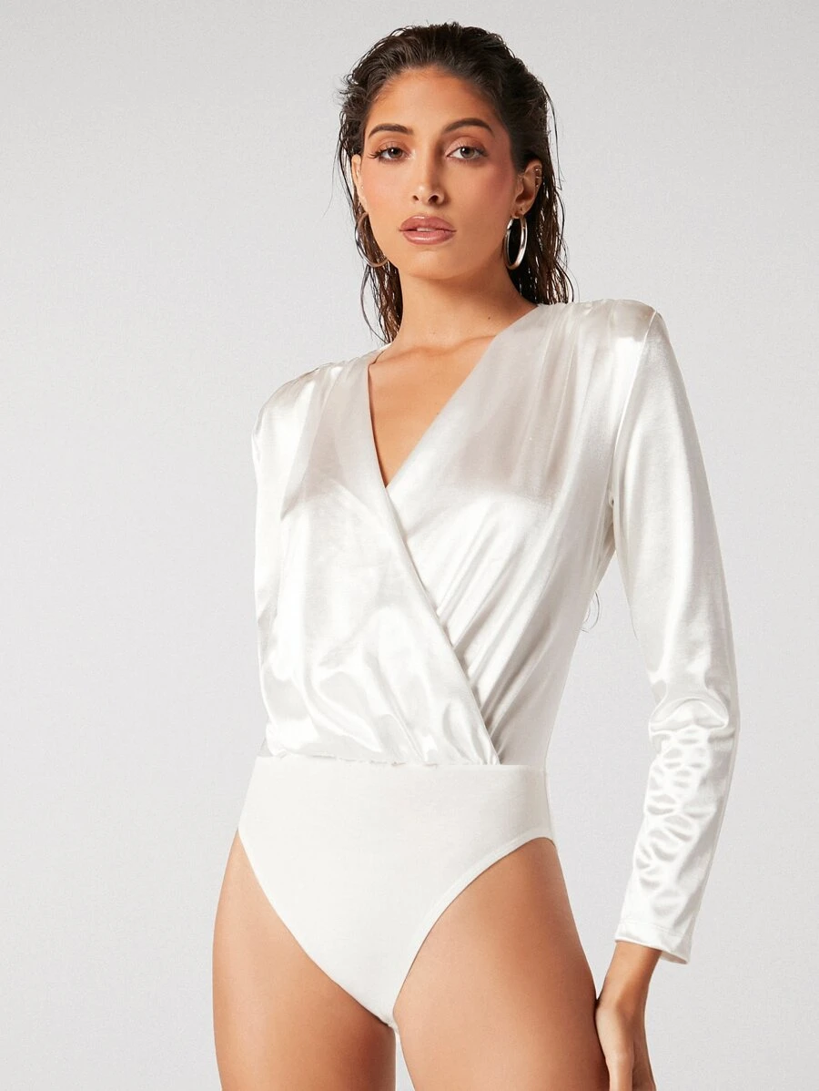 BizChic Satin Long Sleeve Bodysuit Workwear - White - View 1