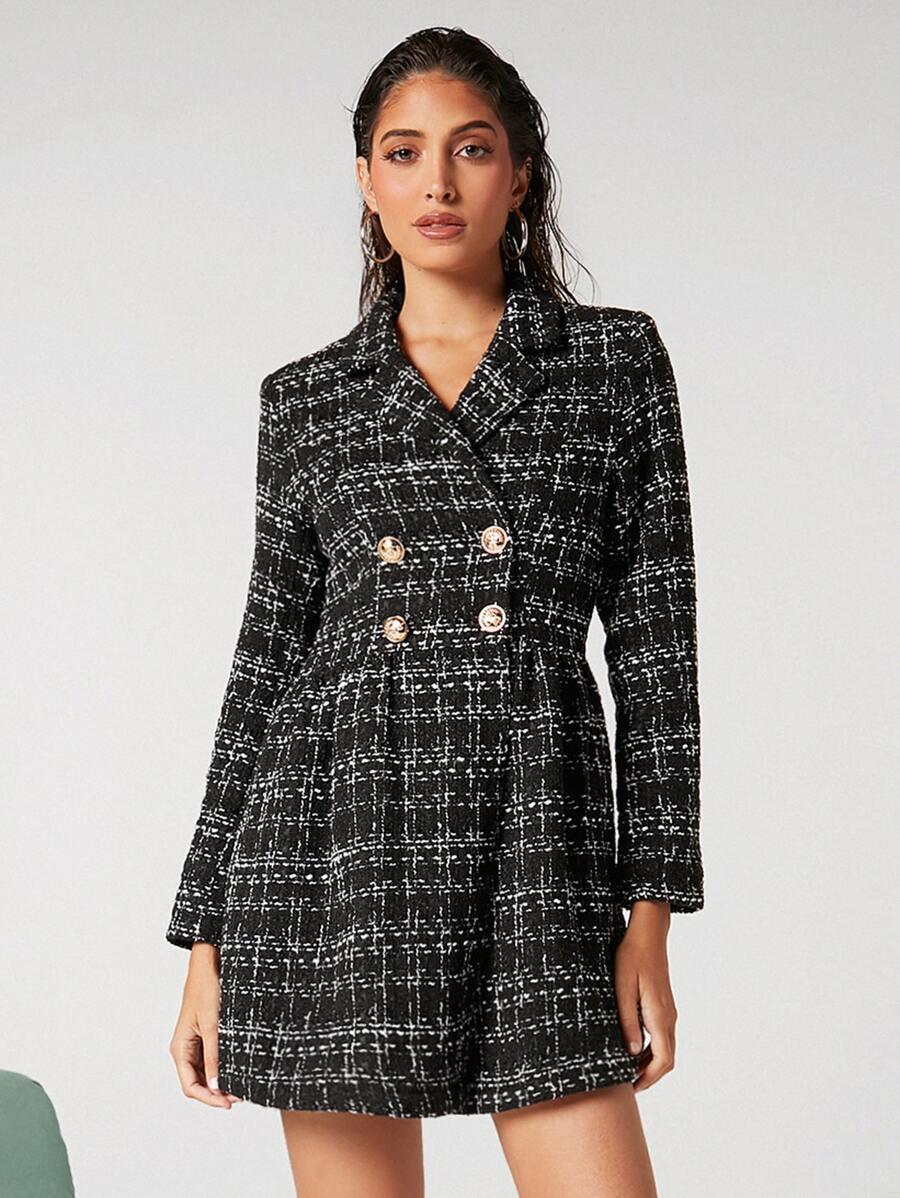 BizChic Plaid Pattern Lapel Neck Double Breasted Tweed Dress - Black - View 1